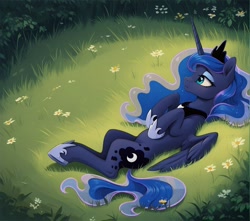 Size: 1160x1024 | Tagged: prompter needed, source needed, safe, imported from derpibooru, princess luna, alicorn, ai content, ai generated, forest, lying down, meadow, nature, on back, tree