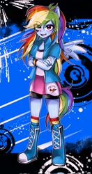 Size: 1078x2048 | Tagged: safe, artist:pulse, imported from derpibooru, rainbow dash, human, equestria girls, abstract background, boots, clothes, compression shorts, crossed arms, eye clipping through hair, female, jacket, looking at you, open mouth, ponied up, pony ears, shirt, shoes, skirt, smiling, socks, solo, vest, wings, wristband