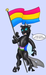 Size: 1486x2436 | Tagged: safe, artist:termyotter, imported from derpibooru, oc, oc:macrophage, changeling, bipedal, pansexual pride flag, pride, pride flag, solo