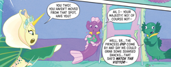 Size: 894x351 | Tagged: safe, artist:amymebberson, idw, imported from derpibooru, seapony (g4), spoiler:comic, spoiler:g5comic, bust, female, fins, floppy ears, g5, male, my little pony: set your sail, official comic, portrait, queen calla lily, sea pony (g5), set your sail #3, underwater, unnamed character, unnamed seapony, water