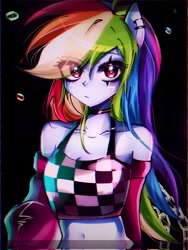 Size: 1537x2048 | Tagged: safe, artist:pulse, imported from derpibooru, rainbow dash, human, equestria girls, bare shoulders, belly, belly button, black background, breasts, checkered shirt, choker, cleavage, clothes, detached sleeves, ear piercing, eye clipping through hair, female, looking at you, midriff, piercing, pony ears, simple background, solo