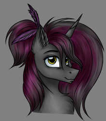 Size: 1162x1326 | Tagged: safe, artist:darklight1315, imported from derpibooru, oc, oc only, oc:raven, pony, unicorn, fallout equestria, fallout equestria: mayday, feather, gray background, horn, simple background