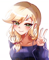 Size: 1211x1462 | Tagged: safe, artist:pulse, imported from derpibooru, applejack, human, clothes, cute, eye clipping through hair, eyebrows, eyebrows visible through hair, female, humanized, jackabetes, lidded eyes, looking at you, missing accessory, peace sign, simple background, smiling, solo, sweater, white background