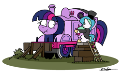 Size: 2122x1264 | Tagged: safe, artist:bobthedalek, imported from derpibooru, princess celestia, twilight sparkle, alicorn, pony, atg 2024, clothes, crossover, duo, duo female, female, hat, inanimate tf, ladder, mare, newbie artist training grounds, sir topham hatt, steam train, suit, thomas the tank engine, top hat, train, trainified, transformation