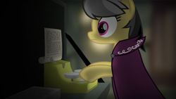 Size: 2000x1125 | Tagged: safe, artist:equestriaexploration, imported from derpibooru, a.k. yearling, daring do, pony, atg 2024, escii keyboard, newbie artist training grounds, solo, typewriter