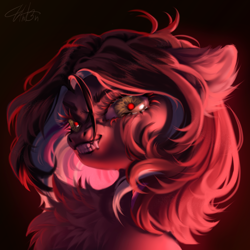 Size: 3000x3000 | Tagged: safe, artist:unt3n, imported from derpibooru, oc, oc only, earth pony, pony, bust, chest fluff, fangs, gradient background, green eyes, portrait, red eyes, red light, solo