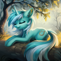 Size: 1536x1536 | Tagged: safe, imported from derpibooru, lyra heartstrings, pony, unicorn, ai content, ai generated, ear fluff, eyes closed, female, fluffy, forest, generator:stable diffusion, horn, lying down, mare, nature, outdoors, prompter:seashell, smiling, solo, tail, tree, two toned mane, two toned tail