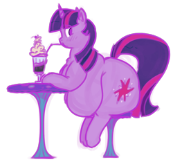 Size: 862x808 | Tagged: safe, artist:polofastter, artist:secretgoombaman12345, imported from derpibooru, twilight sparkle, pony, unicorn, ask chubby diamond, butt, chair, drink, drinking, fat, female, horn, large butt, mare, milkshake, mushroom, obese, profile, simple background, sitting, solo, straw, table, transparent background, twibutt, twilard sparkle, unicorn twilight