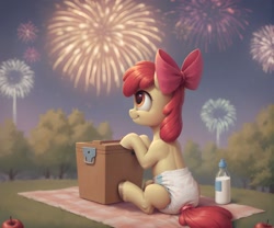 Size: 1568x1304 | Tagged: safe, imported from derpibooru, apple bloom, pony, ai content, ai generated, apple, apple bloom's bow, baby bottle, basket, bottle, bow, diaper, female, filly, fireworks, foal, food, generator:pony diffusion v6 xl, generator:stable diffusion, grass, hair bow, non-baby in diaper, outdoors, picnic, picnic basket, picnic blanket, prompter:cayuse, sitting, solo, solo female, tree