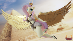 Size: 3840x2160 | Tagged: safe, alternate version, artist:loveslove, imported from derpibooru, fluttershy, anthro, pegasus, plantigrade anthro, alternate character, belly, belly button, blurry background, breasts, busty fluttershy, clothes, egypt, feet, female, flying, high res, nail polish, pyramid, sandals, solo, toenail polish, wings