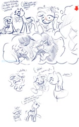 Size: 800x1280 | Tagged: safe, artist:eversowillow, imported from derpibooru, fluttershy, rainbow dash, pegasus, pony, blushing, chest fluff, comic, dialogue, dream, female, imminent kissing, mare, monster, sketch, speech bubble, thought bubble