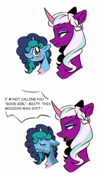 Size: 1553x2671 | Tagged: safe, artist:teaflower300, imported from derpibooru, opaline arcana, alicorn, pony, unicorn, 2 panel comic, blushing, chest fluff, comic, crying, duo, duo female, eyes closed, eyeshadow, female, freckles, g5, horn, i'm not calling you good boy, makeup, mare, markings, meme, misty brightdawn, open mouth, sad, simple background, vulgar, white background