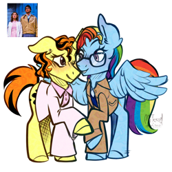 Size: 2700x2700 | Tagged: safe, artist:mitexcel, imported from derpibooru, rainbow dash, oc, oc:merille artienda, pegasus, pony, unicorn, crossdressing, crossover, duo, female, horn, lesbian, merilledash, nonbinary, orange mane, orange tail, ponysona, reference included, rocky horror picture show, tail, yellow coat