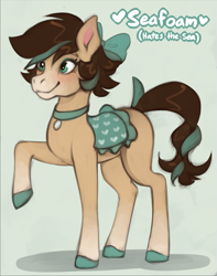 Size: 945x1202 | Tagged: safe, artist:marsminer, imported from derpibooru, oc, oc only, oc:seafoam, horse, bow, choker, female, hair bow, mare, not cocoa, raised hoof, saddle, smiling, solo, tack, tail, unshorn fetlocks, wild manes, wild manes oc