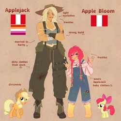 Size: 2048x2048 | Tagged: safe, artist:cryweas, imported from derpibooru, apple bloom, applejack, earth pony, human, pony, abs, alternate hairstyle, apple sisters, applejack's hat, bandage, boots, bracelet, brown background, clothes, cowboy hat, dirt, dirty, duo, duo female, farmer's tan, female, filly, flag, foal, freckles, gloves, hat, headcanon, humanized, implied lesbian, implied rarijack, implied rarity, implied shipping, jewelry, lesbian pride flag, mare, muscles, oil, overalls, peru, pride, pride flag, reference sheet, shoes, siblings, simple background, sisters, suspenders, sweater, tanktop, wellington boots