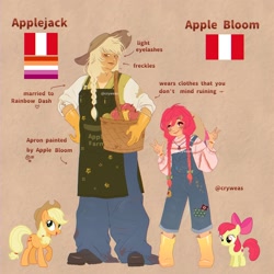 Size: 2048x2048 | Tagged: safe, artist:cryweas, imported from derpibooru, apple bloom, applejack, earth pony, human, alternate hairstyle, apple, apple sisters, applejack's hat, apron, basket, boots, bracelet, brown background, clothes, cowboy hat, denim, dirt, duo, duo female, farmer's tan, female, filly, flag, foal, food, freckles, gloves, hat, headcanon, humanized, implied appledash, implied lesbian, implied rainbow dash, implied shipping, jeans, jewelry, lesbian pride flag, mare, muscles, overalls, pants, peru, pride, pride flag, reference sheet, rubber gloves, shirt, shoes, siblings, simple background, sisters, sweater, wellington boots