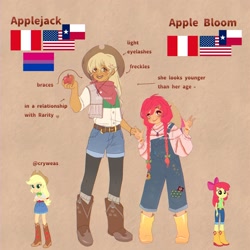 Size: 2048x2048 | Tagged: safe, artist:cryweas, imported from derpibooru, apple bloom, applejack, human, equestria girls, alternate hairstyle, american flag, apple, apple sisters, applejack's hat, bandana, belt, bisexual pride flag, boots, bracelet, braces, brown background, clothes, cowboy boots, cowboy hat, denim, denim shorts, duo, duo female, female, flag, food, freckles, grin, hat, headcanon, humanized, implied lesbian, implied rarijack, implied rarity, implied shipping, jewelry, leggings, muscles, overalls, peru, pride, pride flag, reference sheet, shirt, shoes, shorts, siblings, simple background, sisters, skirt, smiling, socks, sweater, vest, wellington boots