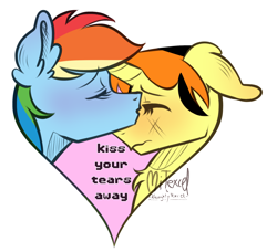 Size: 2196x2000 | Tagged: safe, artist:mitexcel, imported from derpibooru, rainbow dash, oc, oc:merille artienda, pegasus, pony, unicorn, comforting, female, heart, horn, lesbian, nonbinary, orange mane, orange tail, tail, yellow coat