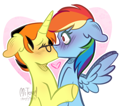 Size: 2000x1740 | Tagged: safe, artist:mitexcel, imported from derpibooru, oc, oc:merille artienda, pegasus, pony, unicorn, blushing, female, glasses, horn, kiss on the lips, kissing, lesbian, merilledash, nonbinary, orange mane, yellow coat