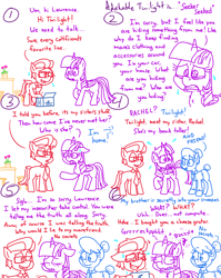 Size: 4779x6013 | Tagged: safe, artist:adorkabletwilightandfriends, imported from derpibooru, twilight sparkle, oc, oc:rachel, alicorn, comic:adorkable twilight and friends, 404, adorkable, adorkable twilight, apology, box, brother and sister, clothes, comic, confused, cute, dork, embarrassed, embarrassed grin, eyes closed, female, flower, glasses, grin, honesty, male, messy mane, necktie, nervous, nervous grin, nervous sweat, potted plant, sad, secret, siblings, slice of life, smiling, surprised, sweat, sweating profusely, twilight sparkle (alicorn), upset, worried