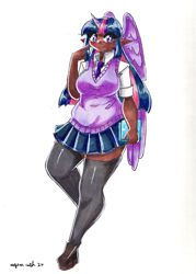 Size: 2045x2855 | Tagged: safe, artist:mylittleyuri, imported from derpibooru, twilight sparkle, human, big breasts, book, breasts, busty twilight sparkle, clothes, dark skin, elf ears, horn, horned humanization, humanized, looking at you, necktie, signature, simple background, skirt, smiling, smiling at you, socks, solo, standing, standing on one leg, stockings, sweater vest, thigh highs, traditional art, white background, winged humanization, wings