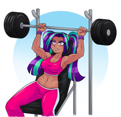 Size: 2000x1929 | Tagged: safe, artist:ambris, edit, imported from twibooru, aria blaze, human, equestria girls, aria brute, aria buff, armpits, belly button, bench press, blushing, breasts, cleavage, clothes, dark skin, female, humanized, image, midriff, muscles, pigtails, png, skin color edit, solo, sports bra, sweat, twintails, weight lifting, workout, wristband