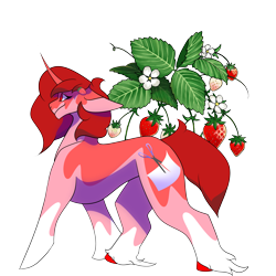 Size: 4001x4001 | Tagged: safe, artist:aha-bleppers, imported from derpibooru, oc, oc only, pony, unicorn, concave belly, digital art, food, horn, pink fur, solo, strawberry