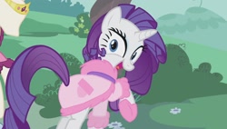 Size: 1920x1088 | Tagged: safe, imported from derpibooru, screencap, rarity, pony, unicorn, suited for success, alternate hairstyle, clothes, female, horn, looking back, mannequin, outfit, raised hoof, raised leg, robe, slippers, smiling, solo, solo female, solo focus