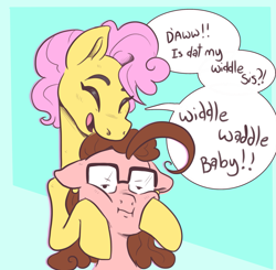 Size: 2243x2194 | Tagged: safe, artist:smirk, imported from derpibooru, li'l cheese, oc, oc:curlicue, the last problem, annoyed, baby talk, cheek squish, dialogue, duo, glasses, irritated, older, older li'l cheese, parent:cheese sandwich, parent:pinkie pie, piercing, siblings, squishy cheeks