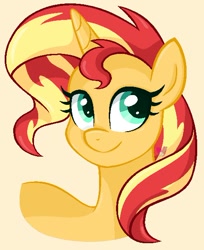 Size: 480x589 | Tagged: safe, artist:czscribbles, imported from derpibooru, sunset shimmer, pony, unicorn, bust, female, horn, mare, simple background, smiling, solo, yellow background