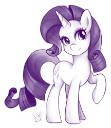 Size: 873x1010 | Tagged: safe, artist:czscribbles, imported from derpibooru, part of a set, rarity, pony, unicorn, female, horn, looking at you, mare, monochrome, raised hoof, simple background, smiling, solo, white background