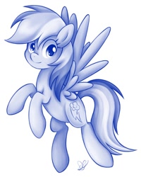 Size: 818x1024 | Tagged: safe, artist:czscribbles, imported from derpibooru, part of a set, rainbow dash, pegasus, pony, female, flying, looking at you, mare, monochrome, simple background, smiling, solo, spread wings, white background, wings