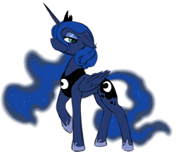 Size: 1000x870 | Tagged: safe, artist:squeezymouse, derpibooru exclusive, imported from derpibooru, princess luna, alicorn, pony, armor, clothes, concave belly, ethereal mane, eyeshadow, folded wings, gradient mane, gradient tail, jewelry, makeup, shoes, simple background, slender, solo, starry mane, starry tail, tail, thin, tiara, tired eyes, transparent background, wings