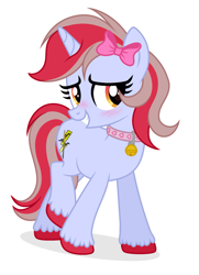 Size: 2055x2845 | Tagged: safe, artist:starshade, imported from derpibooru, oc, oc only, oc:cinnamon lightning, pony, unicorn, base used, bell, bell collar, blue coat, blush lines, blushing, bow, collar, colored hooves, commission, eyelashes, female, female oc, hair accessory, hair bow, hooves, horn, long mane, long tail, looking away, mane accessory, mare, mare oc, orange eyes, pink collar, raised leg, red hooves, shadow, show accurate, simple background, smiling, solo, standing on three hooves, striped mane, striped tail, tail, two toned mane, two toned tail, unicorn horn, unicorn oc, unshorn fetlocks, white background