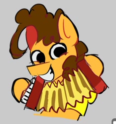 Size: 1152x1237 | Tagged: safe, artist:appledash3r_, imported from derpibooru, cheese sandwich, earth pony, pony, accordion, big grin, brown mane, clothes, colored sketch, gray background, grin, halfbody, hoof hold, looking at you, male, musical instrument, no catchlights, no pupils, orange coat, requested art, shirt, simple background, sketch, smiling, smiling at you, solo, stallion, yellow shirt