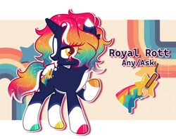 Size: 827x654 | Tagged: safe, artist:mimaoartz, imported from derpibooru, oc, oc:royal rott, pony, unicorn, coat markings, colored hooves, freckles, golden eyes, hooves, horn, light yellow background, looking to the right, multicolored body, multicolored hair, multicolored hooves, nonbinary, open mouth, rainbow, rainbow gradient, rainbow hair, rainbow tail, raised hoof, rarity eyes, short tail, socks (coat markings), solo, standing on three hooves, tail