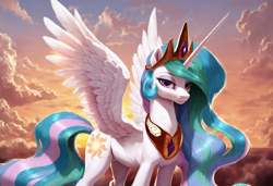 Size: 3648x2496 | Tagged: safe, imported from derpibooru, prompter:paajbach, princess celestia, alicorn, pony, ai content, ai generated, cloud, evening, female, generator:pony diffusion v6 xl, generator:stable diffusion, high res, jewelry, looking at you, mare, regalia, solo, spread wings, wings