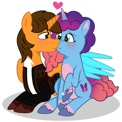 Size: 1920x1920 | Tagged: safe, artist:grapefruit-face, imported from derpibooru, oc, oc:ej, alicorn, unicorn, alicorn oc, canon x oc, couple, female, g5, horn, male, misty brightdawn, rebirth misty, shipping, simple background, straight, transparent background, wings