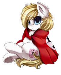 Size: 1774x2174 | Tagged: safe, artist:pridark, edit, imported from twibooru, oc, oc only, oc:aryanne, earth pony, pegasus, pony, commission, earth pony oc, female, image, mare, nazi, nazi flag, pegasus oc, png, simple background, smiling, solo, swastika, transparent background, wings