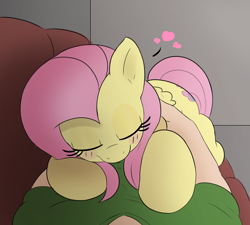 Size: 2000x1800 | Tagged: safe, imported from derpibooru, fluttershy, human, pegasus, pony, blushing, cuddling, eyes closed, heart, holding, holding a pony, hug, human on pony snuggling, love, offscreen character, pov, snuggling