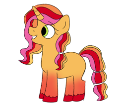 Size: 1220x1089 | Tagged: safe, artist:wh189, imported from derpibooru, oc, oc only, oc:appleblossom, pony, unicorn, blank flank, female, filly, foal, green eyes, horn, long mane, mare, multicolored hair, orange coat, orange mane, pink mane, red coat, red hooves, red mane, shy, simple background, smiling, solo, tail, tied mane, white background, yellow mane