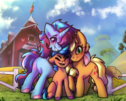 Size: 1280x1024 | Tagged: safe, artist:drawmagic, imported from derpibooru, applejack, oc, oc:candied apple, oc:chilly passion, earth pony, pony, unicorn, apple, apple tree, blue coat, blue mane, canon x oc, couple, cowboy hat, cute, family, family picture, female, fence, food, freckles, green eyes, hat, horn, hug, male, married couple, multicolored hair, multicolored mane, multicolored tail, orange coat, pink hooves, pink mane, purple eyes, purple hooves, smiling, straight, sweet apple acres, sweet apple acres barn, tail, tree, wholesome, yellow mane