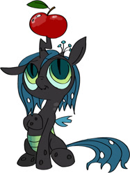 Size: 430x576 | Tagged: safe, artist:sawhorse, color edit, colorist:bees, edit, imported from twibooru, queen chrysalis, changeling, changeling queen, nymph, /mlp/, 4chan, apple, colored, drawthread, female, filly, filly queen chrysalis, food, horn, horn impalement, image, looking at something, needs more jpeg, simple background, sitting, slit pupils, solo, white background, younger