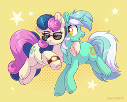 Size: 2283x1838 | Tagged: safe, artist:skysorbett, imported from derpibooru, bon bon, lyra heartstrings, sweetie drops, earth pony, pony, unicorn, abstract background, blushing, chest fluff, duo, duo female, eyebrows, female, frog (hoof), glasses, horn, lesbian, looking at someone, looking at something, lyrabon, mare, raised hoof, shipping, stars, sunglasses, two toned mane, underhoof, watch