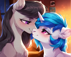Size: 3200x2560 | Tagged: safe, imported from derpibooru, dj pon-3, octavia melody, vinyl scratch, earth pony, pony, unicorn, ai content, ai generated, blushing, duo, duo female, female, generator:pony diffusion v6 xl, generator:stable diffusion, horn, lesbian, looking at each other, looking at someone, prompt in description, prompter:derp621, scratchtavia, shipping, smiling, window