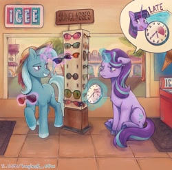 Size: 2048x2014 | Tagged: safe, artist:dried_bayleaf, imported from derpibooru, starlight glimmer, trixie, twilight sparkle, pony, unicorn, bags under eyes, choosing, clock, duo, duo female, female, grin, high res, horn, late, magic, mare, shop, smiling, speech bubble, starlight glimmer is not amused, sunglasses, telekinesis, tongue out, unamused, unshorn fetlocks