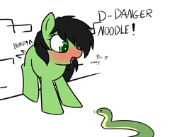 Size: 2025x1569 | Tagged: safe, artist:neuro, imported from twibooru, oc, oc:filly anon, pony, snake, /mlp/, 4chan, against wall, blushing, duo, female, filly, image, looking at something, png, simple background, white background