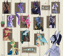 Size: 2000x1778 | Tagged: safe, artist:nyanri, imported from derpibooru, oc, oc only, oc:brass tacks, oc:bright eyes, oc:cherry bomb, oc:gloomy, oc:jasmine, oc:lavender, oc:nox, oc:quick tie, oc:riptide, bat pony, dragon, hybrid, pegasus, pony, unicorn, angry, bust, cape, clothes, eyepatch, female, glasses, group, horn, jacket, looking at you, male, mare, pirate, portrait, scar, simple background, smiling, stallion, suit, wings