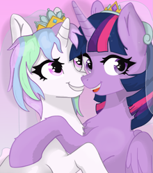 Size: 819x932 | Tagged: safe, artist:minecake, imported from derpibooru, twilight sparkle, oc, oc:cake sparkle, alicorn, pony, unicorn, bust, canon x oc, duo, gradient background, horn, hug, portrait, shipping, twilight sparkle (alicorn), unicorn oc, veil, wedding veil
