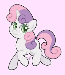 Size: 745x852 | Tagged: safe, artist:czscribbles, imported from derpibooru, sweetie belle, pony, unicorn, cute, diasweetes, female, filly, foal, horn, looking at you, pink background, prancing, simple background, smiling, solo